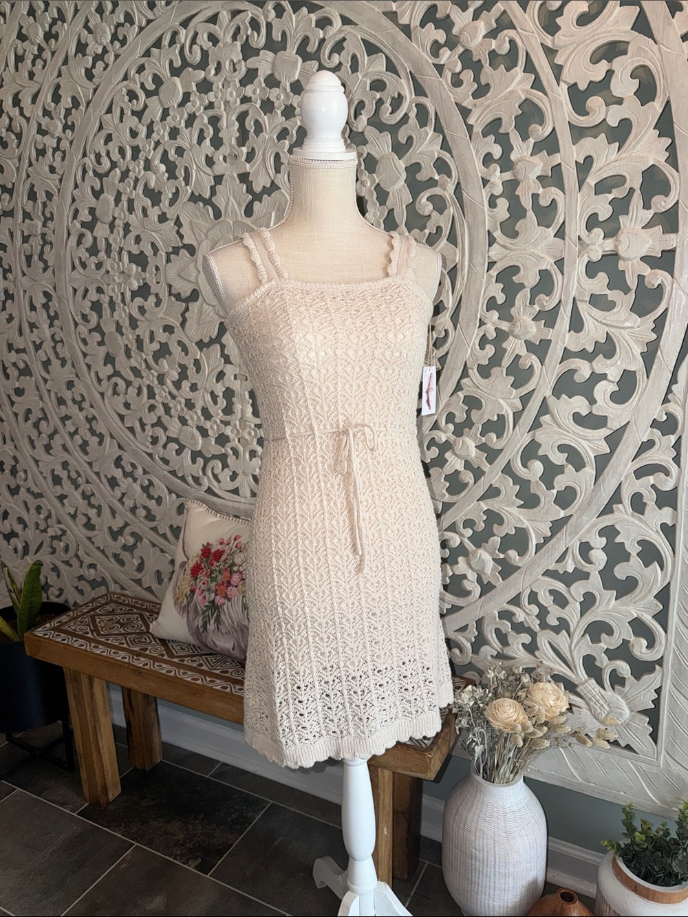 Jessica Simpson Cream Crochet Mini Dress with Tie Waist